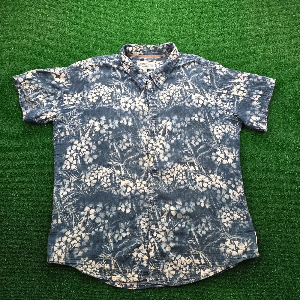 Margaritaville Hawaiian Shirt Mens 2XL Blue Floral Batik Button Up Beach Casual